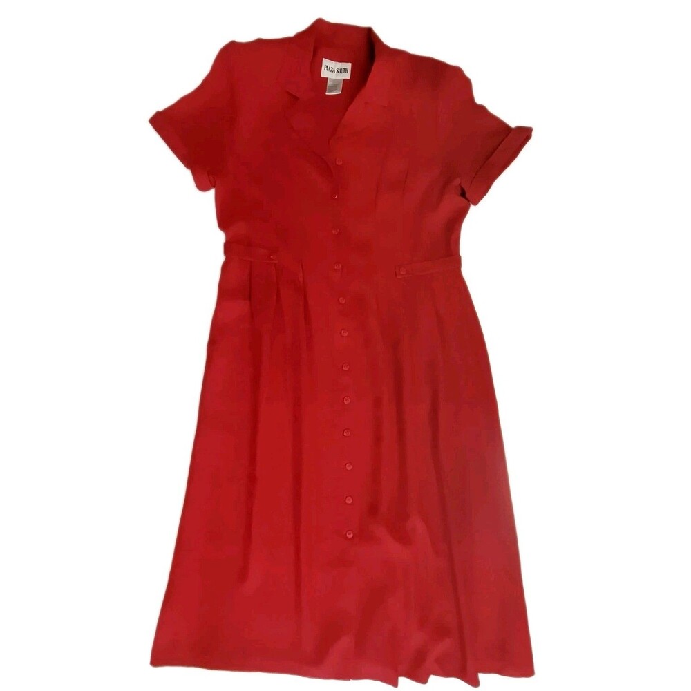 VTG Plaza South Solid Red Button Down Short Sleeve Pleated Dress Women's Size 16